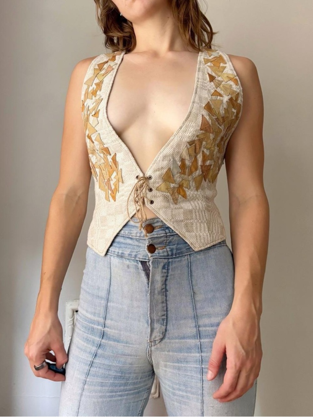 Vintage 70s tan patchwork leather lace up the vest